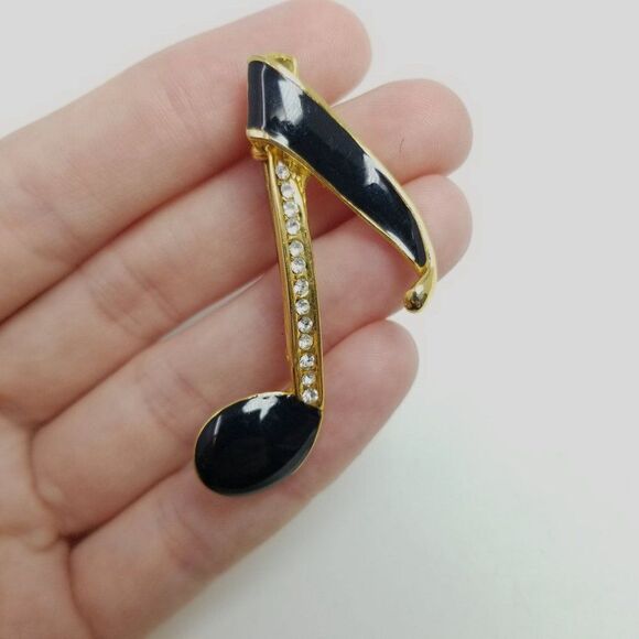 Vintage Eigth Note Shape Brooch, Black Enamel Rhinstone Gold Tone Setting Pin - Picture 4 of 6